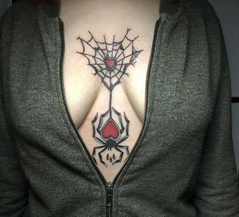 Spiderweb Tattoo Chest, Spider Neck Tattoos Women, Rob Tattoo Women, Spiderweb Chest Tattoo, Hanging Spider Tattoo, Hairline Tattoos, Butterfly Hand Tattoo, Chest Tattoo Female, Spider Web Tattoo