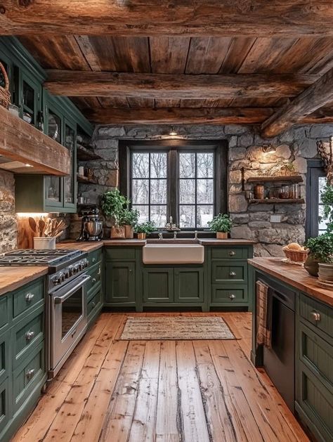 Dark Green Kitchen Cabinets, Christmas Shed, Country Farmhouse Ideas, Woodland Kitchen, Lodge Style Decorating, Country Garage, Erin Moran, Fall Cabin, Earthy Kitchen