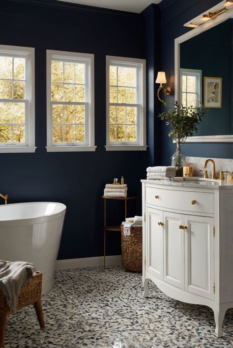 Step into your bathroom sanctuary with Old Navy (2063-10) and embrace moody elegance in your daily interior designer routine. Elevate your space with a touch of sophistication! #Ad #homedecor #homedesign #bathroom #Painthome interiorarchitecture best Wall Colors for Bathroom Colors Bright Room Colors best colors combinations bathroom bathroom Remodeling Modern Paint Colors 2024 Navy Blue Bathroom Walls, Dark Blue Bathroom, Blue Bathroom Paint, Paint Colors 2024, Bright Room Colors, Navy Blue Bathroom, Blue Bathroom Walls, Dark Blue Bathrooms, Bathroom Wall Colors