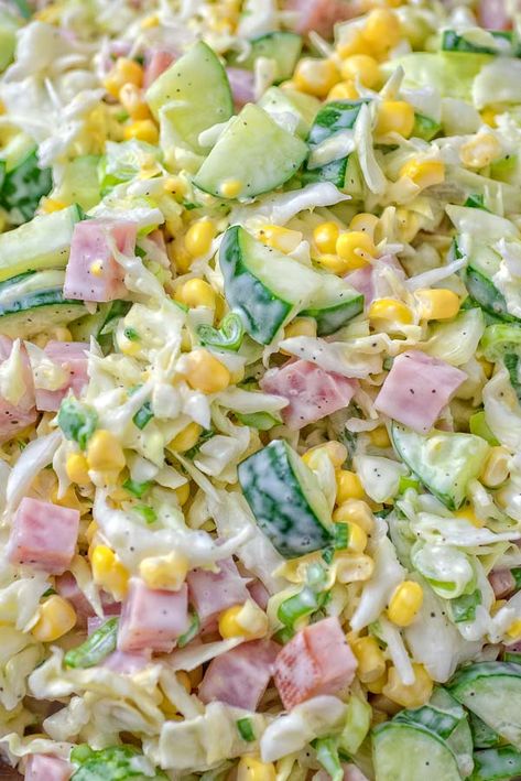 Made with fresh cabbage, cucumbers, ham, corn and scallions, this tasty and crunchy Cabbage and Ham Salad is packed with vitamins and makes a quick lunch or side dish.  ❤ COOKTORIA.COM Cabbage And Ham, Ham And Cabbage, Ham Salad Recipes, Side Dishes For Ham, Cabbage Salad Recipes, Ham Salad, Cold Salad, Pasta Salads, Quick Lunch