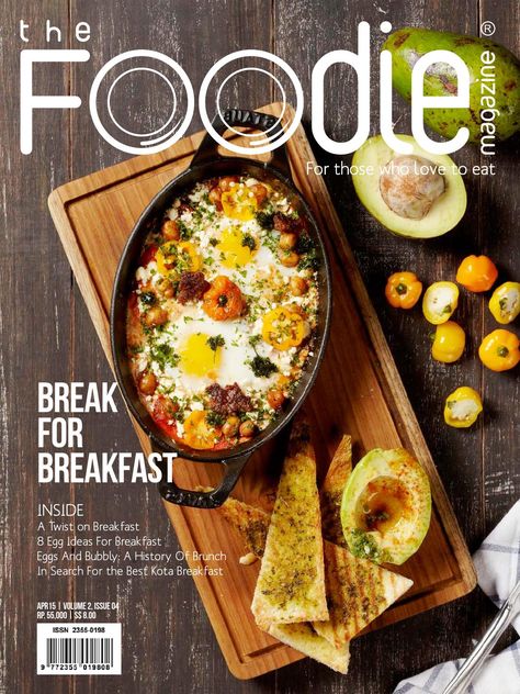 The Foodie Magazine April 2015  I am not usually a breakfast person. During the week, I am in a rush to get to the office in the morning that I usually skip breakfast. But on the weekends, I like to have a big breakfast or brunch. That said, there are so many interesting breakfast foods out there, it spans the whole spectrum of healthy dishes to the all time favorites of eggs and pancakes. Indonesia too has a myriad breakfast ideas. This issue of The Foodie will try to shed some light to this most important meal of the day. Dig in! Food Magazine Layout, Skip Breakfast, Breakfast Photography, Recipe Cover, Big Breakfast, Food Poster Design, Food Ads, Brunch Menu, Food Out