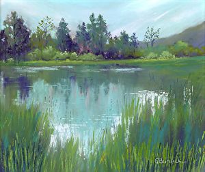 Pond Reflection Painting, Pond Scenery Painting, Paintings Of Ponds, Forest Pond Painting, Painting Pond Water, Watercolor Pond Painting, Pond Landscape Painting, Duck Pond Painting, How To Paint A Pond