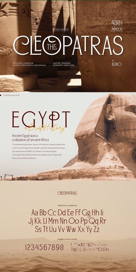 The Cleopatras Typeface Font Egypt Design Illustration, Egyptian Graphic Design, Egypt Graphic Design, Egypt Typography, Egyptian Typography, Ancient Typography, Egyptian Font, Typography Moodboard, Egypt Logo