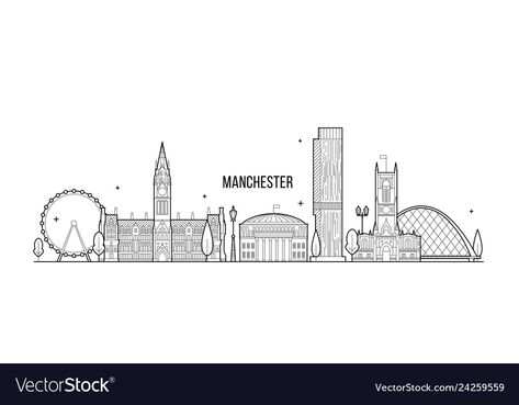 Manchester skyline, Greater Manchester, England, UK. This illustration represents the city with its most notable buildings. Vector is fully editable, every object is holistic and movable... Manchester Tattoo Ideas, Manchester Illustration, Manchester Tattoo, Manchester Skyline, Skyline Tattoo, Manchester Bee, Skyline Drawing, Skyline Artwork, Christmas Coloring Sheets