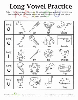 Long U Worksheets | First Grade Phonics Worksheets: Learning Long Vowels: A to U Kindergarten Vowels, Long A Sound Words, Long Vowel Sounds Worksheets, Long Vowel Worksheets, Vowel Practice, Teaching Vowels, Short Vowel Worksheets, Long Vowel Words, Long Vowel Sounds