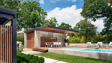 QUARRY POOL HOUSE and CARPORT - Austin - by Matt Garcia Design | Houzz House Backyard Pool, Pool With Pool House, Private Resort, Pool Pavilion, Function Hall, Backyard Dreams, Outdoor Lounge Area, Pools Backyard, Tropical Pool