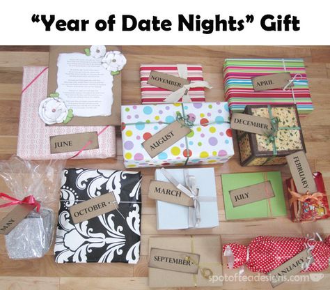 Year of Date Nights Gift = 12 gifts opened all year round! Great alternative for Bridesmaid gift to Bride #wedding | spotofteadesigns.com I love this! What's. Great IDEa! 7 Bridesmaids, Date Night Gift, Bridesmaid Gifts From Bride, Date Night Gifts, Bridal Shower Gifts For Bride, Brewery Wedding, Wedding Shower Gifts, Tea Design, Year Of Dates