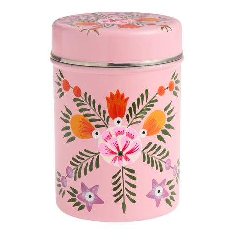 Medium Pink Hand Painted Metal Floral Storage Canister - World Market Office Conversion, Half Bath Makeover, Floral Storage, College Supplies, Tin Canisters, Garage Office, Paint Your Own Pottery, Future Apartment Decor, Patterned Plates