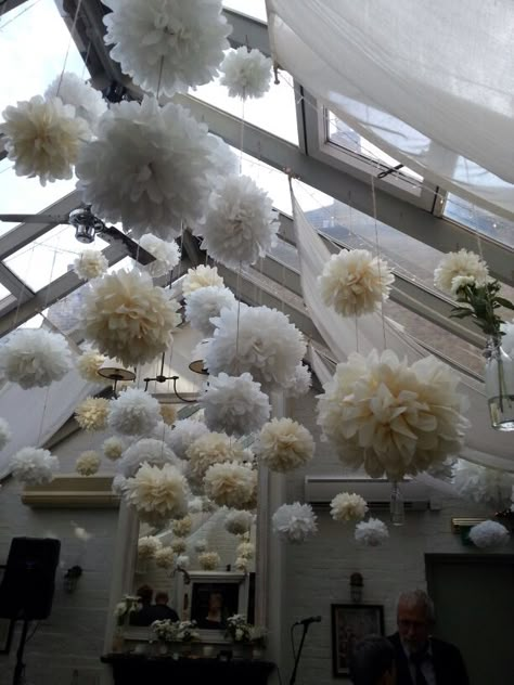 Paper Puff Balls Decoration, Tissue Paper Pom Poms Diy Backdrop, Tissue Paper Flower Decorations For Party, Paper Flower Hanging From Ceiling, Wedding Pom Poms Decoration, Paper Decorations Wedding, Wedding Decor Ceiling, Tissue Paper Pom Poms Decoration, Paper Pom Pom Decorations