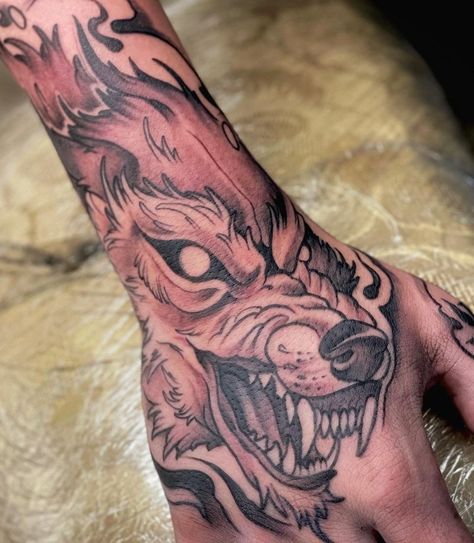 Fire Wolf Tattoo Blue Eyed Wolf Tattoo, Western Wolf Tattoo, Fire Wolf Tattoo, Fox Hand Tattoo, Wolf Tattoo Hand, Wolf Forearm Tattoo, Wolves Tattoo, Fire Wolf, Wolf Tattoo Design