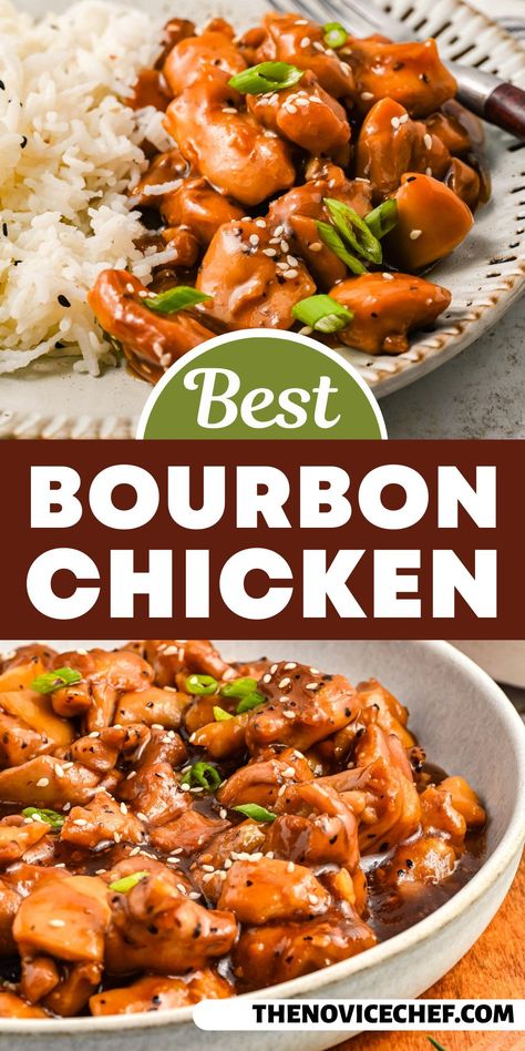 Served over white rice, this bourbon chicken in a homemade sweet-and-savory sauce is the perfect Asian-style quick meal. Ready in 30 minutes, why would you go back to take-out? Everything's always tastier and healthier when made at home. Easy Bourbon Chicken, Homemade Stir Fry Sauce, Bourbon Chicken Recipe, Bourbon Chicken, Dinner Recipes Easy Quick, Healthy Dinner Recipes Chicken, Savory Sauce, Quick Meal, Homemade Sauce