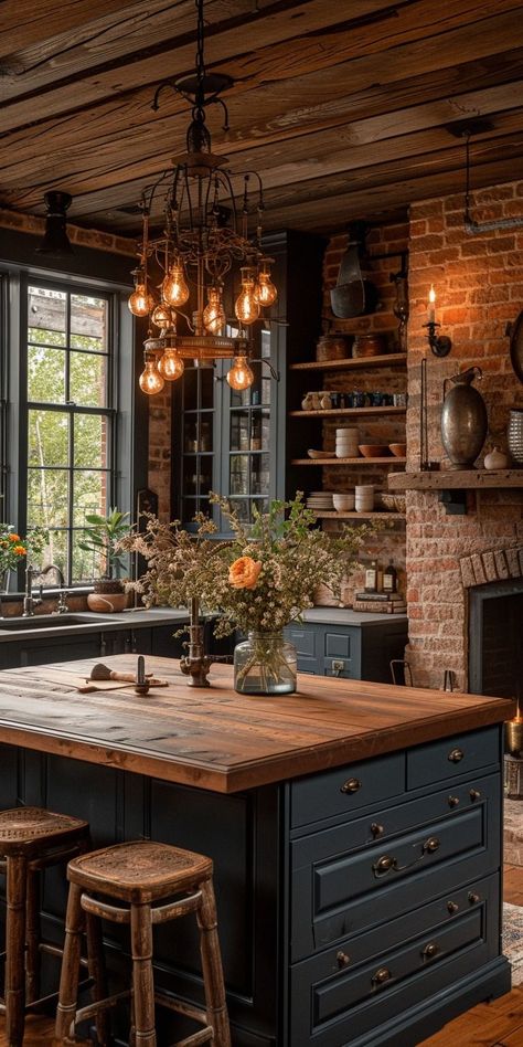 Barnodium Kitchen Ideas, Dark Home Aesthetic Kitchen, Cool House Remodel Ideas, Gorgeous Kitchens Farmhouse, Rustic Reading Room Ideas, Moody French Country Kitchen, House Interior Inspo Aesthetic, Kitchen Island Rustic Farmhouse, Dream Kitchens Design Luxe