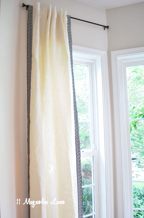 An easy way to update IKEA curtains with greek key trim {inexpensive source} Greek Key Curtains, Fabric Wall Panel, Trim Curtains, Inexpensive Curtains, Fabric Wall Panels, Van Decor, Drapery Ideas, Curtain Trim, Diy Window Treatments