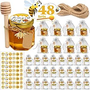 These are the cutest little party gifts! Aliggbent Honey Jars, 48 Pack Mini Honey Jars Party Favors in Bulk, 1.5 oz Small Hexagon Glass Honey Jars with Dipper,Bee Stickers, Gold Lid, Cute Bee Charms, Gift Bags and Jute,Suitable for Baby Shower, Wedding Party Honey Jars, Wedding Shower Favors, Bee Sticker, Bee Pendant, Fancy Gifts, Honey Jar, Bee Charms, Bee Theme, Reveal Parties