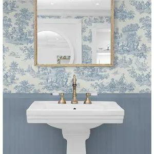 French Mansion, Second Bathroom, Wallpaper And Paint, Powder Room Remodel, Coastal Colonial, Guest Bathroom Decor, Colors Wallpaper, Toile Wallpaper, Tile Options