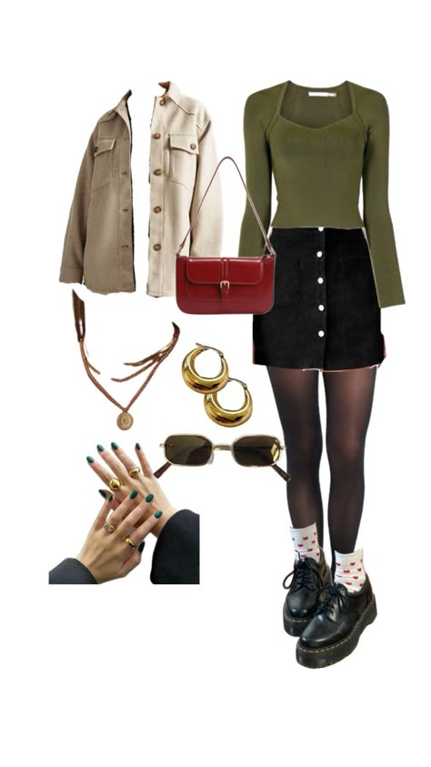 General Outfit, Mood 2024, Green Denim Skirt, Harvey Kinkle, Fall Mood, 2024 Style, Brown Outfit, Green Spring, Layering Outfits