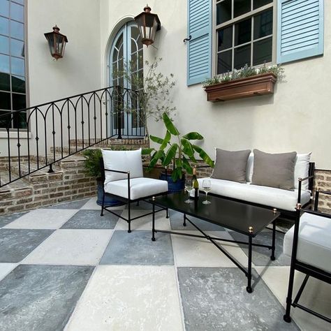 PEACOCK PAVERS on Instagram: "Classic design. Direct message us for your complimentary samples. @caseylangteauart @camps.company @peacockpavers @cunninghamgroupadv #dolphingrey #ricewhite #classicdesign #checkerboardpattern #patentedproduct #outdoorliving #courtyard #concretepavers" Paver Porch, Large Concrete Pavers, Red Brick Pavers, Peacock Pavers, Traditional Neighborhood Development, Clean Concrete, Checkerboard Floor, Provence Style, Wooden Staircases