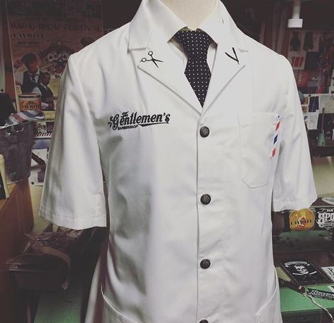 The Gentlemen's Barbershop #barbershop #barber #barberpole #custommade #barbersmock #sartorandvillain Barber Uniform, Mobile Barbershop, Barber Clothing, Shop Uniform, Chef Dress, Barber Cut, Barber Shop Interior, Barber Haircuts, Barber Equipment