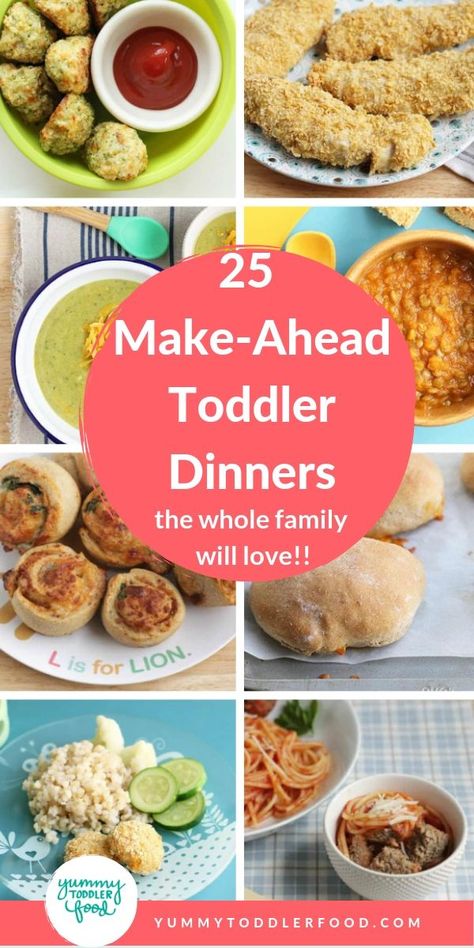 To make busy days a little easier, here are 25 Make-Ahead Toddler Dinners to make ahead and store in the fridge or freezer that everyone at the table will enjoy. #freezermeals #toddlerdinner #toddlerfood #familydinner #easydinner Toddler Meal Prep Freezer Cooking, Make Ahead Toddler Lunches, Toddler Prep Meals, Make Ahead Baby Meals, Freezable Toddler Meals, Make Ahead Toddler Meals, Toddler Freezer Meals, Freezer Meals For Kids, Toddler Approved Dinners