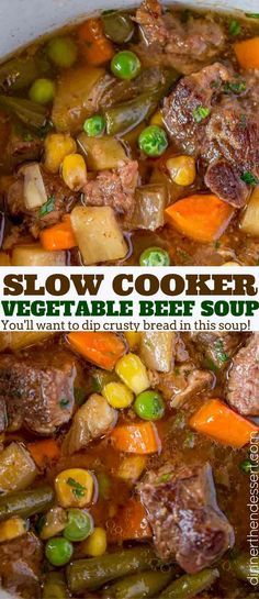 Slow Cooker Vegetable Beef Soup with is the most comforting, EASY soup you'll make. You'll want to dip crusty bread into the amazing flavors in this soup! Beef Soup Slow Cooker, Slow Cooker Vegetable Beef Soup, Crockpot Vegetable Beef Soup, Vegetable Soup Crock Pot, Beef Crockpot, Soup Beef, Soup Vegetable, Beef Soup Recipes, Vegetable Beef Soup