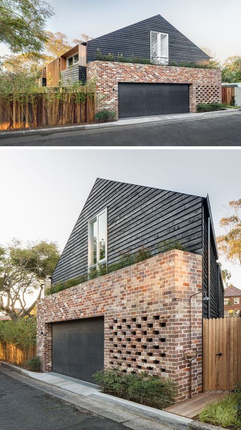 Like this aesthetic.  Maybe not so much the wood but black above the bricks yes AL Extension Veranda, Brick House Designs, Recycled Brick, Contemporary Barn, Modern Garage, Red Brick House, Brick Exterior House, Brick Architecture, Casa Exterior