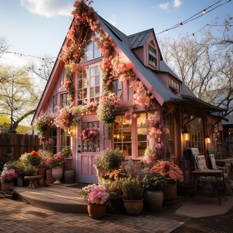 Fairy Cottage House Aesthetic, Pink Cottages, Pink Cottage House, Whimsical Cottage Exterior, Pink Cottagecore House, Maximalism House Exterior, Pink Tudor House, Cute Pink Cottage, Pink She Shed