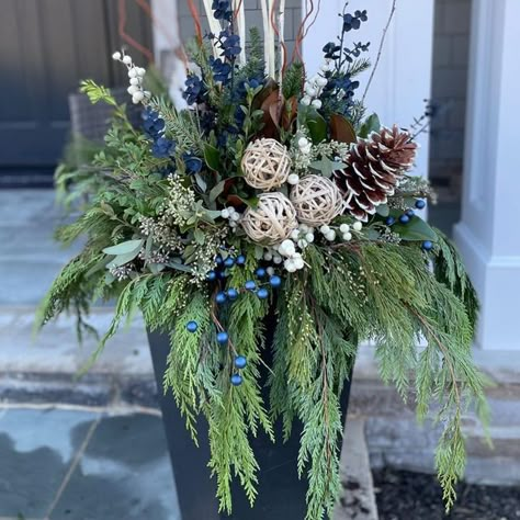 Winter Urn Planter Ideas, Spruce Tops Planters, Winter Porch Pots Ideas, Winter Porch Planter Ideas, Outdoor Winter Planters, Outdoor Winter Planter Ideas, Winter Containers Planters, Christmas Outdoor Planters, Pine Arrangements