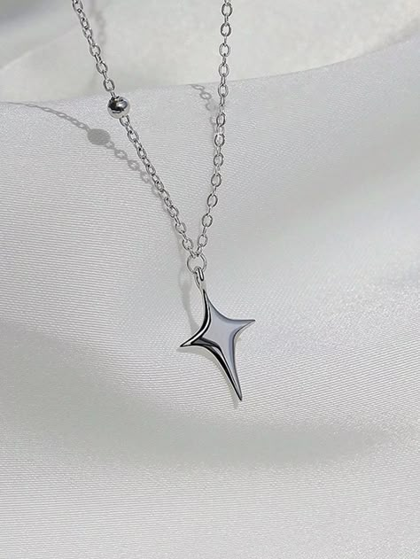 1pc Simple Alloy Four-pointed Star Shaped Cross Pendant Necklace Collarbone Chain For Women Four Pointed Star, Silver Star Necklace, Chain For Women, Cute Love Cartoons, Jewelry Accessories Ideas, Fancy Jewelry, Cross Pendant Necklace, Day Wishes, Star Pendant