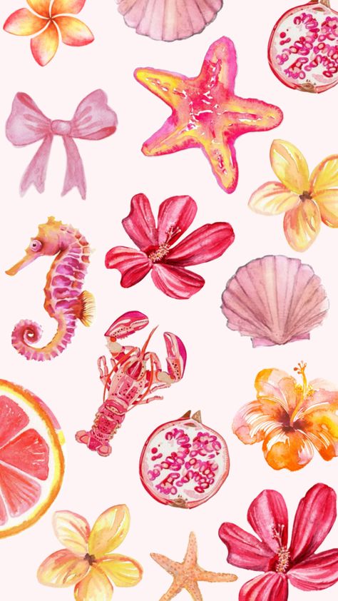 flowers pink yellow orange seashells beachy fruit pomegranate seahorse baby pink bow ribbon coquette shells starfish star girl aesthetic blush theme ideas iPhone iPad wallpaper background Star Girl Aesthetic, Summer Prints Wallpaper, Baby Pink Bow, Beachy Wallpapers, Iphone Wallpaper Stars, Beachy Wallpaper, Pink Wallpaper Ipad, Cute Home Screen Wallpaper, Cute Summer Wallpapers