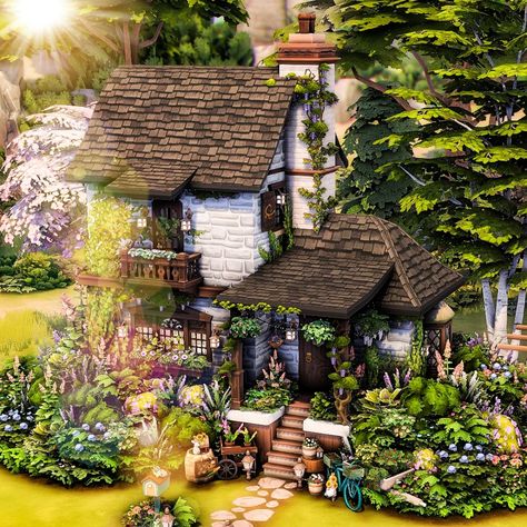 Sims 4 Eco Cottage, Sims 4 Stone Cottage, Sims 4 Cottage Aesthetic, Sims Hobbit House, Cool Houses Sims 4, Sims Wizard House, Sims 4 Storybook House, Sims Forest House, Sims 4 Decades Challenge House