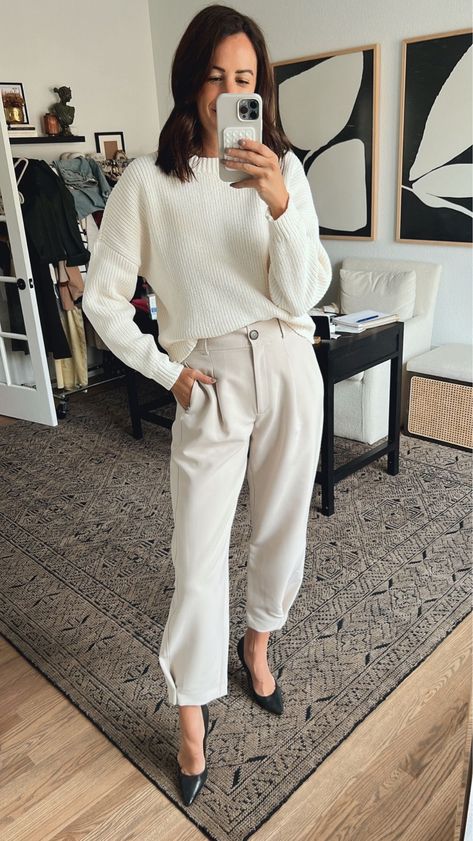 Here is a neutral work look for the office featuring the chenille sweater and tapered leg pants! Such a chic and cute business outfit for this fall and winter. Tap to shop and use code 'afkathleen' to save! Winter White Dress Pants Outfit, Sweaters With Dress Pants, Sweater Office Outfits, Sweater With Dress, Preppy Fall Fashion, Chic Office Outfit, Dress Pants Outfits, White Dress Winter, White Sweater Dress