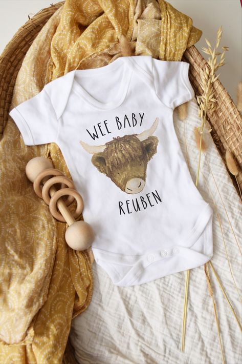 Hand Illustrated Wee Highland Coo Cow Baby Vest Western Baby Clothes, Highland Coo, Personalised Baby Grows, Baby Highland Cow, Western Babies, Neutral Baby Clothes, Baby Hamper, Baby Milestone Cards, Baby Shower Presents