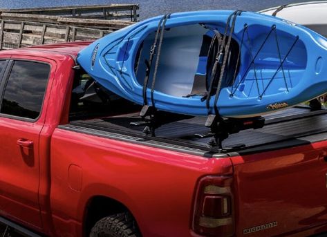 What kayak rack options are compatible with your Tonneau Cover... we break down your options Kayak Truck Rack, Kayak Rack For Truck, F150 Build, Kayak Holder, Truck Bed Extender, Kayak Covers, Aluminum Truck Beds, Truck Tonneau Covers, Kayak Roof Rack