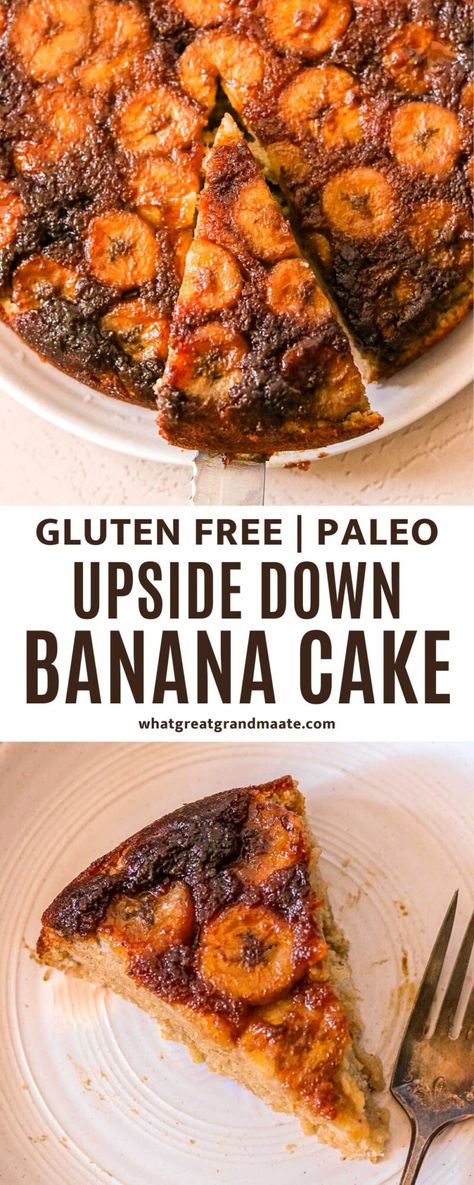 Sweetened with those overripe, brown bananas from your freezer, and topped with a caramelized banana topping, this upside-down cake is better-for-you, delicious, and prepped and baked in under an hour! Banana Paleo Recipes, Banana Dessert Recipes Easy Quick, Lemon Banana Bread, Paleo Cake Recipes, Banana Topping, Gluten Free Banana Cake, Paleo Cakes, Banana Upside Down Cake, Banana Desserts