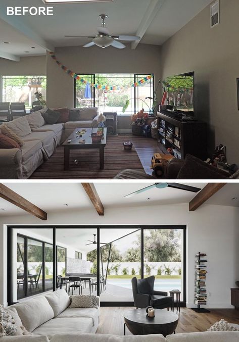 Windows in a living room replaced with pocketing sliding glass doors. House Renovation Ideas Before And After, Modern House Renovation, Living Room Makeovers, House Flip, House Flipping, House Makeovers, House Before And After, Before And After Pics, Work Studio