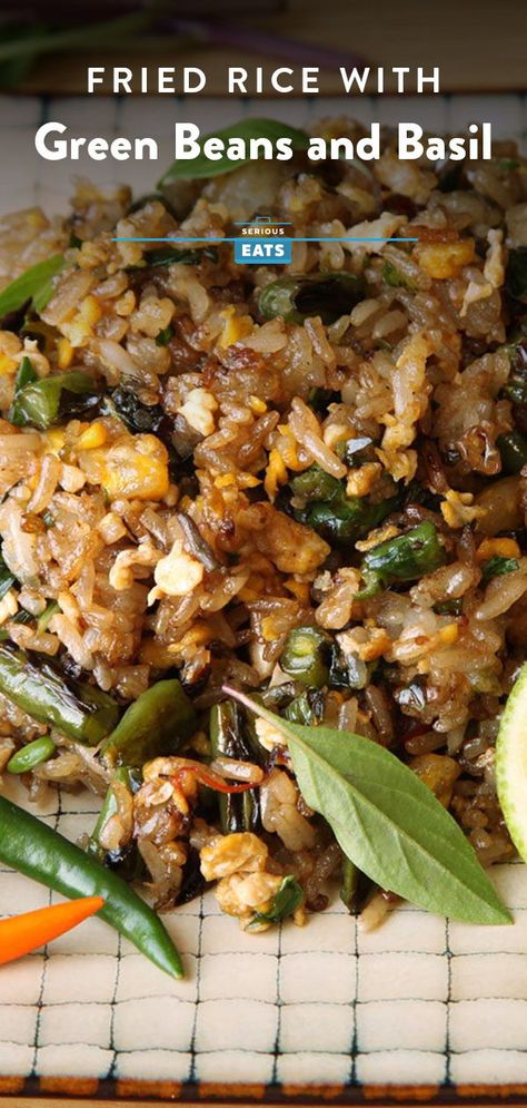 Bulk up carb-heavy fried rice with a good dose of green beans in this easy recipe. The beans get blistered in the wok until smoky and charred, while fresh basil adds a ton of flavor and color to the finished dish. Green Beans And Rice Recipes, Fried Rice Ideas, Beef Breakfast Recipes, Green Beans And Rice, Recipes Chicken And Rice, Blistered Green Beans, Healthy Recipes Indian, Dessert Recipes For Thanksgiving, Breakfast Recipes On The Go