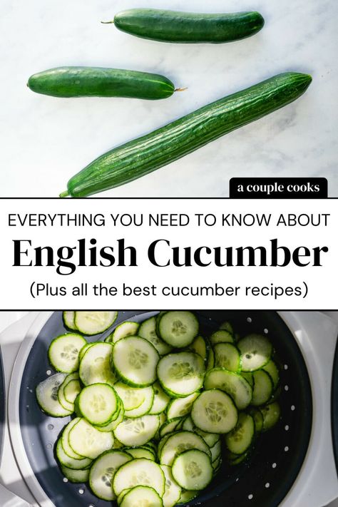 What's an English cucumber and how is it different from the standard variety? Here's what you need to know. #englishcucumber #cucumber Cucumber Calories, Juice Cucumber, Recipe Cucumber, A Couple Cooks, Creamed Cucumbers, Vegan Recipes Plant Based, Cucumber Juice, Vegetarian Cookbook, Couple Cooking