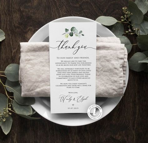 Thank You Note Template, Note Template, Place Card Template, Wedding Place Settings, Wedding Table Decor, Notes Template, Thank You Card Template, Wedding Place, Wedding Places