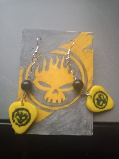 Homemade clay guitar pick The Offspring 'Conspiracy of One' Earrings with hand drawn card/holder (Not for purchase) Clay Guitar, The Offspring, Homemade Clay, Hand Drawn Cards, Clay Ideas, Guitar Pick, Hand Drawn, Polymer Clay, Card Holder