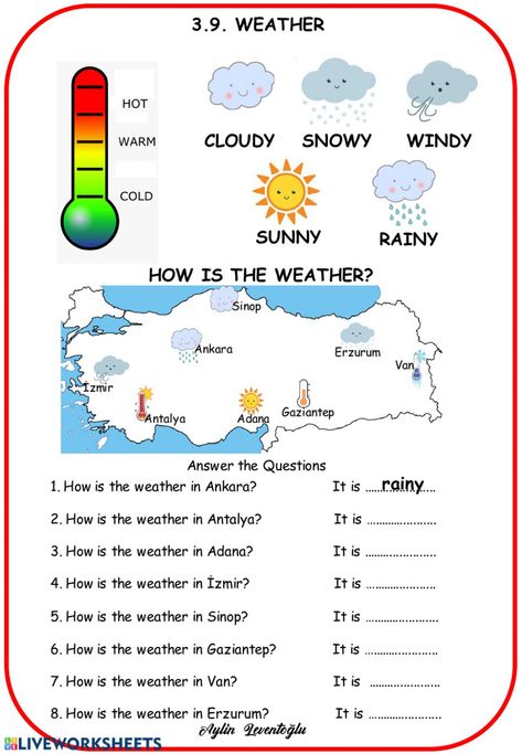 Weather online worksheet for Beginner. You can do the exercises online or download the worksheet as pdf. What Is The Weather Like Worksheet, Weather Exercises English, Weather Worksheets For Grade 1, How Is The Weather, Weather Worksheets 2nd Grade, Weather Conditions Worksheet, Weather Worksheets For Kids, Weather In English, Weather Questions