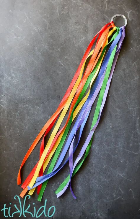 Rainbow Ribbon Toy Ribbon Mobile Diy, Pride Arts And Crafts, Ribbon Mobile, Diy Streamers, Operation Christmas Child Boxes, Rainbow Ribbons, Ribbon Sticks, Play Cafe, Rainbow Gifts