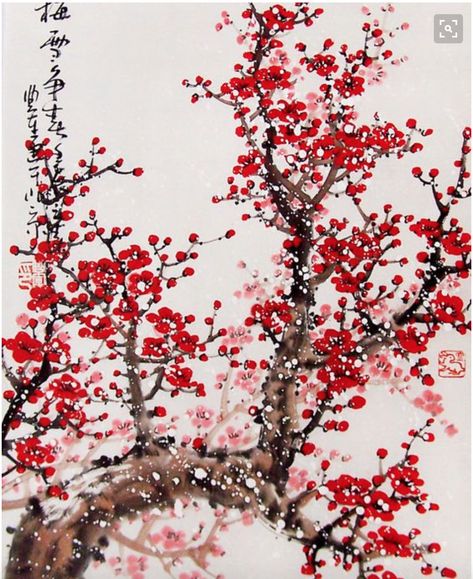 Chinese Cherry Blossom, Cherry Blossom Watercolor, Red Cherry Blossom, Cherry Blossom Painting, Chinese Artwork, Diamond Wallpaper, Home Decor Black, Cherry Blossom Art, Red Blossoms