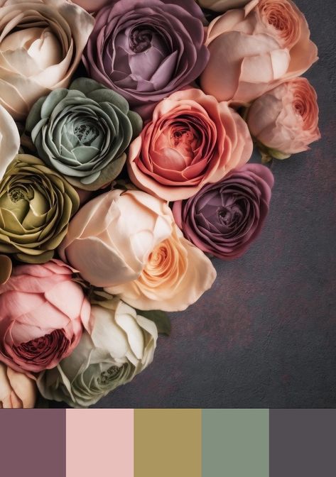 Color palette based on photo of roses. Muted shades of mauve, ochre, green, gray Classic Romantic Wedding Theme Color Palettes, Feminine Earthy Color Palette, Room Colors Bedroom, Mod Color Palette, Hummingbird Vine, Business Color Palette, Feminine Mood Board, Feminine Colour Palette, Feminine Interior