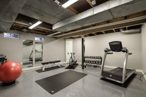 Leave a Basement Ceiling Unfinished. See more popular home gym that provides a wide variety of creative design ideas and workout opportunities. #homegym #gym #workoutspace Carport Gym Ideas, Basement Workout Room, Basement Gym Ideas, Home Gym Basement, Home Gym Ideas, Basement Gym, Gym Room At Home, Basement Renovation, Creative Bathroom