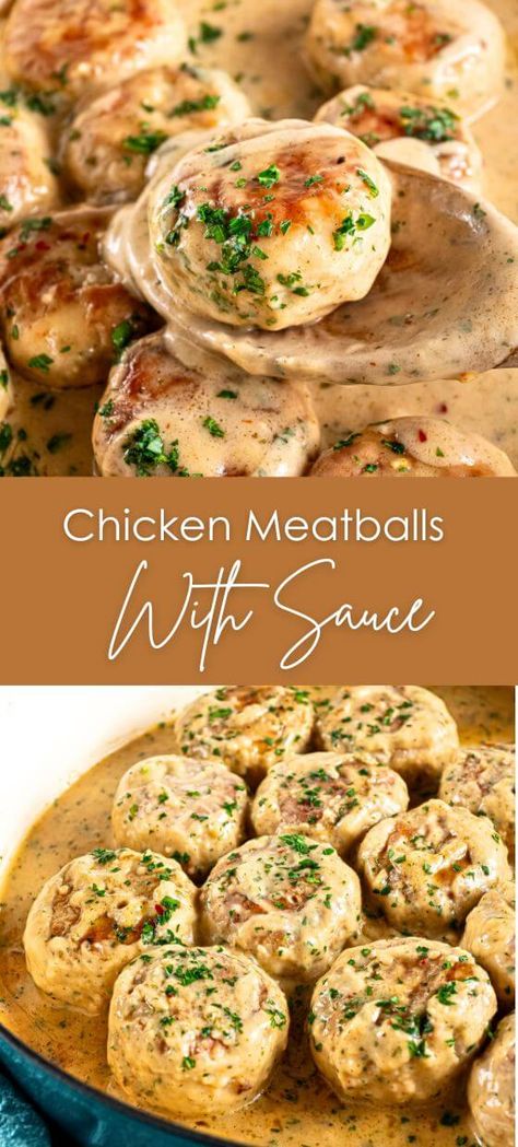 Chicken Meatballs With Sauce Chicken Meatballs And Sauce, Chicken Meatballs Cream Sauce, Chicken Meatballs With Gravy, What Goes Good With Meatballs, Chicken Meatball Sauce Recipe, Chicken Meatballs With Sauce, Amylu Chicken Meatballs Recipes, Sauce For Chicken Meatballs, Chicken Meatballs Meal