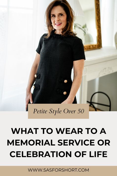 Attending a memorial service or celebration of life service can be challenging, but finding the perfect outfit shouldn't be. Explore the art of dressing with grace and respect, focusing on petite style over 50 that's classy and not frumpy. Discover the right balance of elegance and comfort as you honor a loved one's life. Follow Beth for more petite fashion styling tips and suggestions. What To Wear To A Casual Celebration Of Life, Petite Elegant Outfit, Outfit For Celebration Of Life Memorial, What To Wear To A Wake Memorial Services, What To Wear To A Memorial Service, What To Wear To A Celebration Of Life, Memorial Outfit Celebration Of Life, Memorial Service Outfit For Women, Celebration Of Life Outfit