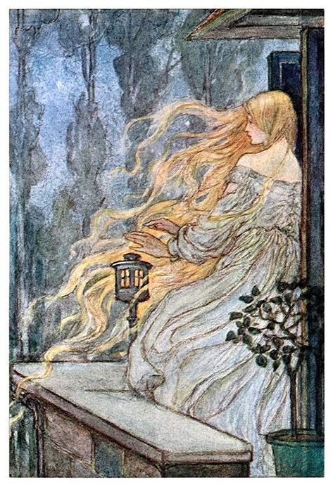 A woman is standing on her balcony, letting her loose, flame-like hair flow in the wind Florence Harrison, A Drawing, Rapunzel, Her Hair, Florence, A Woman, Flowers, Hair