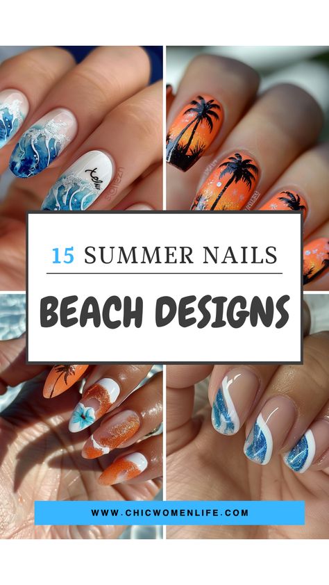 Summer nails beach designs Beach Holiday Nails, Nautical Nail Designs, Palm Nails, Mermaid Nail, Tropical Honeymoon, Nautical Nails, Nails Beach, Palm Tree Nails, Beach Nail Designs