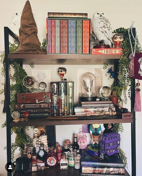 Harry Potter Shelf Display, Hogwarts Room Decor, Harry Potter Book Shelf, Harry Potter Aesthetic Room Decor, Harry Potter Themed House, Harry Potter Desk, Harry Potter Bookshelf, Harry Potter Room Decor Ideas, Book Corner Ideas Bedroom