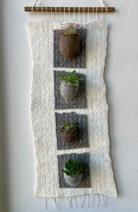 Made from natural alpaca roving and hand stitched with alpaca yarn, this wall hanging is designed to display moss and tillandsia. Wet Felted Wall Hangings, Felted Wall Hangings, Felt Wall Art, Felted Bowls, Felt Wall Hanging, Felt Yarn, Felt Wall, Textiles Artwork, Felt Pictures